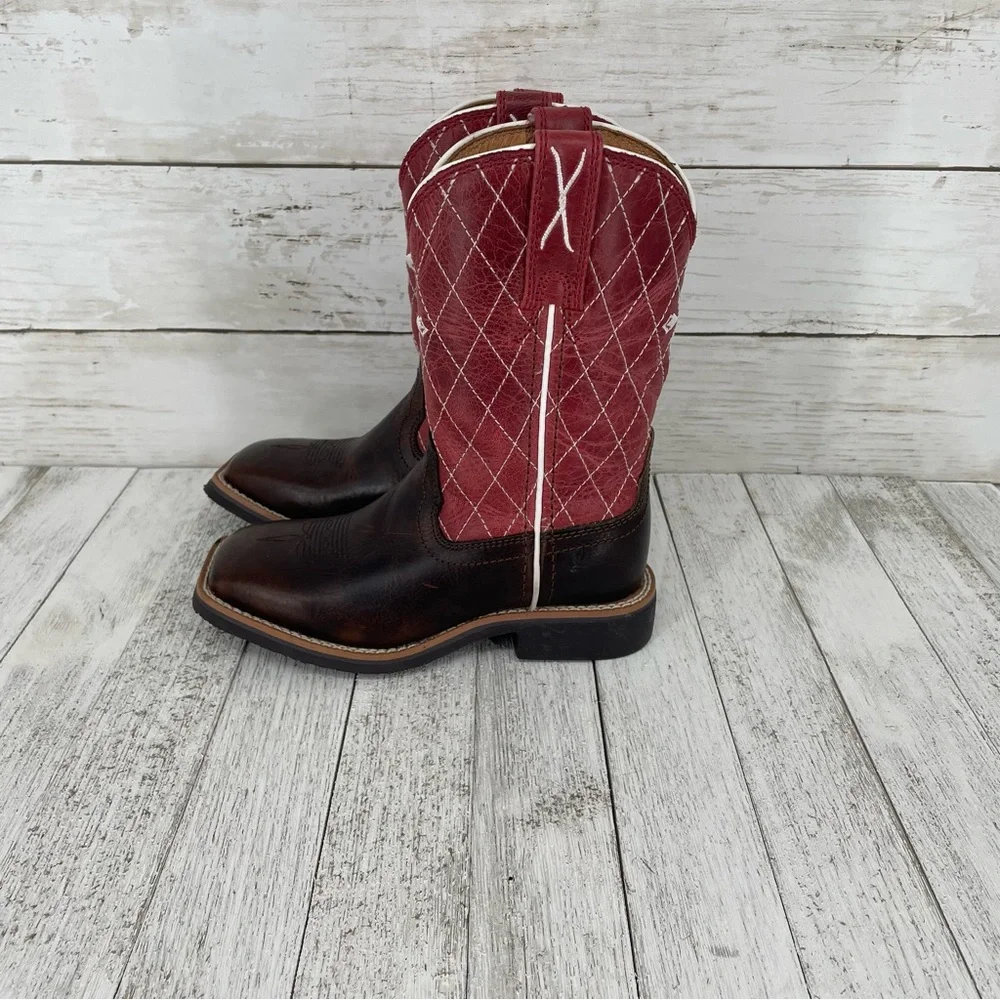 Twisted X Kids Red & Brown Leather‎ Square Toe Cowboy Boots Size 9.5M Western